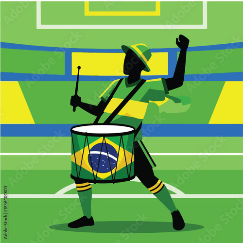 Supporter Playing a Bass Drum with Brazil Flag Design in Front of a Stylized Stadium Background for Soccer Atmosphere , Generative Ai