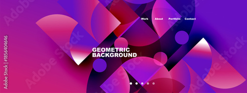 Abstract geometric background features vibrant purple, blue hues. Navigation includes work, about, portfolio, contact options. Modern design.