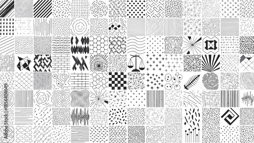 An expansive grid displaying diverse monochromatic abstract patterns and retro pixel art textures, forming a digital graphic design mosaic.