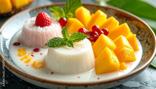 Delicious mango and coconut milk panna cotta dessert with fresh fruit and mint garnish served in a rustic bowl.