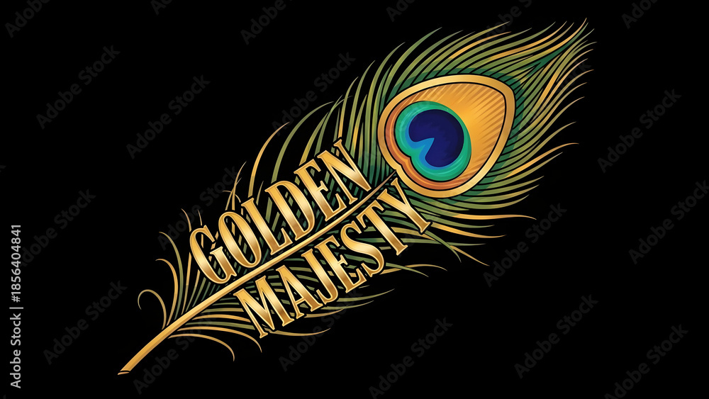 Obraz premium Luxurious golden peacock feather adorned with decorative text “Golden Majesty” on deep black background conveying elegant regal beauty, intricate detail, and refined