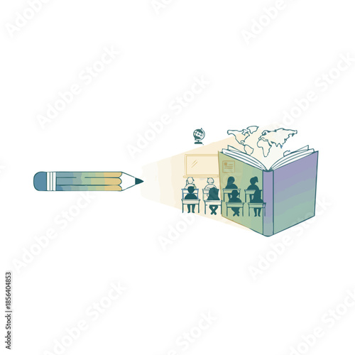 Illuminating Global Education Conceptual art with a pencil lighting students by a world map book, symbolizing knowledge and discovery