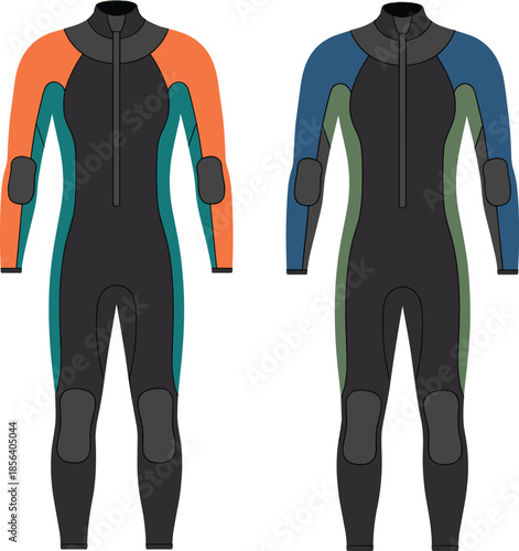 Full Body Colorful Wetsuit Vector Illustration Set Featuring Technical Flat Sketches for Diving Scuba Surfing and Watersports Apparel Design Mockup