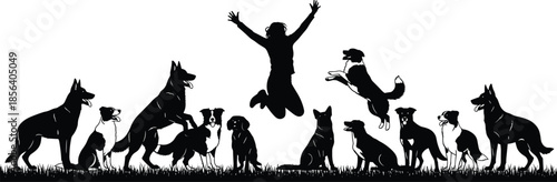 Silhouette of happy child jumping with group of dogs, playful companionship concept, animal friendship, freedom, joy,