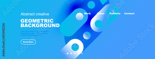 Bright blue website header. Geometric shapes, text, navigation elements present. Modern design, vibrant colors, clean layout.