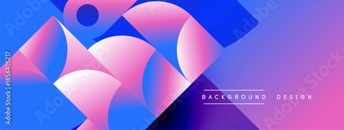 Abstract geometric shapes blend vibrant purple, pink, blue hues. Modern design creates dynamic visual experience. Gradient effects enhance depth.