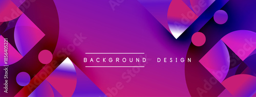 Abstract purple design features geometric shapes, gradients. Modern background suitable for banners, presentations. Vibrant colors create dynamic visual effect.