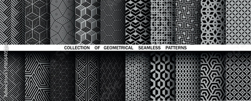 Geometric set of seamless black and gray patterns. Simple vector graphics