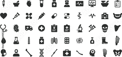 Healthcare medical icon collection including doctor, nurse, microscope, virus, blood drop and medicine