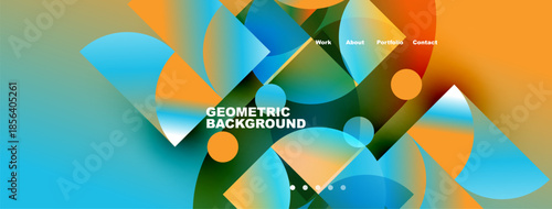 Abstract geometric shapes overlap, creating vibrant blue, orange, green composition. Text reads Geometric Background with navigation options above.