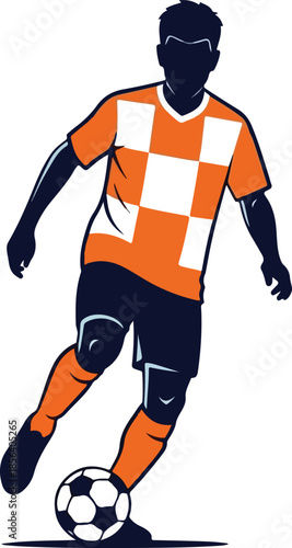 Stylized Illustration of a Dutch Soccer Player Dribbling the Ball on Blue Background , Generative Ai