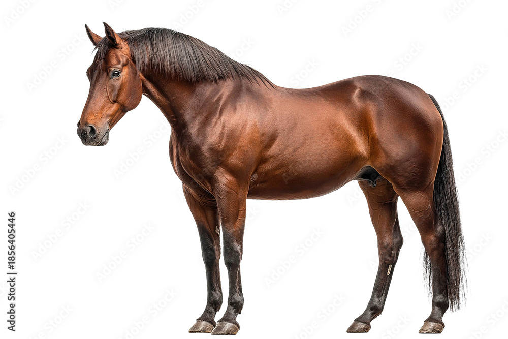 Naklejka premium Full body brown horse standing sideways isolated on pure transparency background showing its shiny coat and muscular build with calm expression