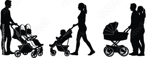 Silhouette set of parents walking with strollers, including double stroller for twins, single toddler buggy, and newborn bassinet pram on white background,