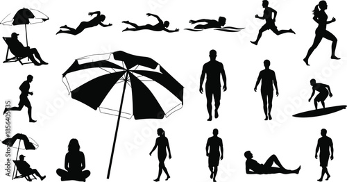 Summer beach activity silhouettes set, people swimming running surfing and relaxing under umbrella vector illustration, tropical vacation outdoor leisure sports icon collection,
