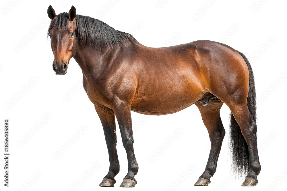 Obraz premium Brown horse standing straight with shiny coat and black mane and tail isolated on transparency background, showing strong muscular body and calm expression