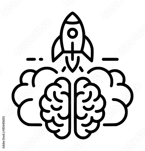 Black rocket launching from stylized human brain with smoke trails mind
