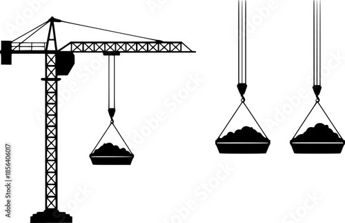 Black silhouette of a construction crane lifting buckets filled with white against a white background
