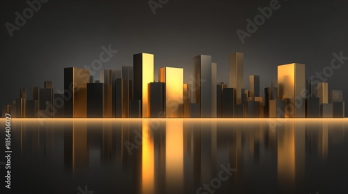 Metallic cityscape with golden and gray skyscrapers reflecting on dark, glossy surface