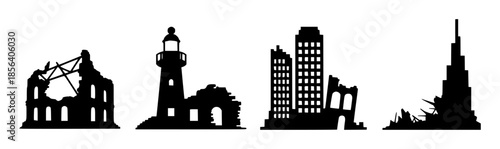 Black silhouettes of destroyed buildings and a lighthouse a white background destruction ruin