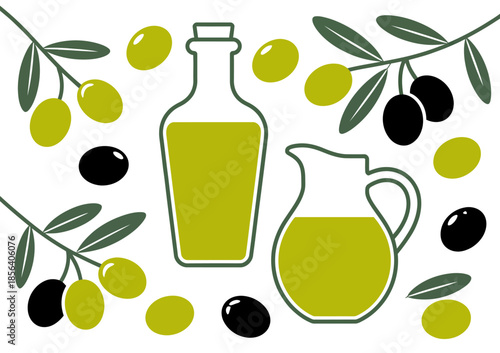 Green and black olives with branches olive oil bottle and pitcher leaves