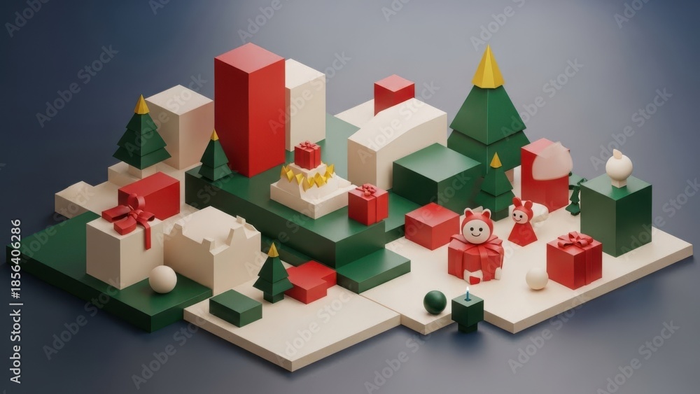 Fototapeta premium Colorful holiday village with gifts and trees