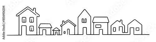 Simple black of a row of diverse houses a white background home building