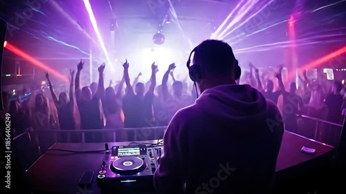 Energetic Music Festival with DJ Mixing and People Dancing with Hands Up