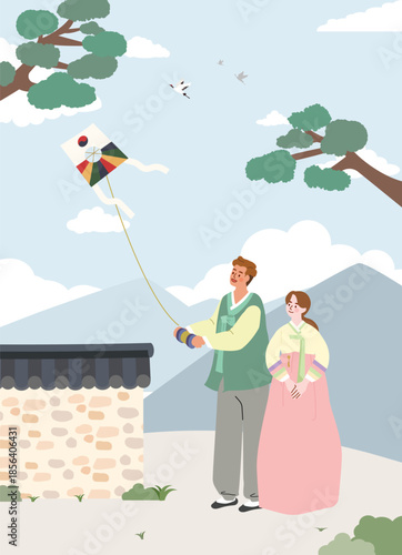 Korean Couple in Hanbok Flying a Traditional Kite Against a Mountain Backdrop