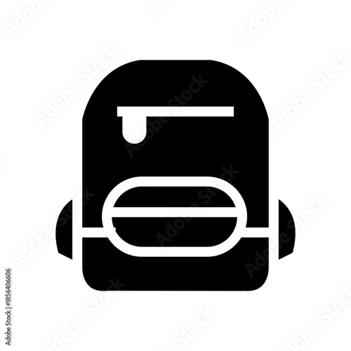 Black backpack silhouette icon isolated on white background. Minimal flat design representing school, travel, education, hiking, or student equipment.