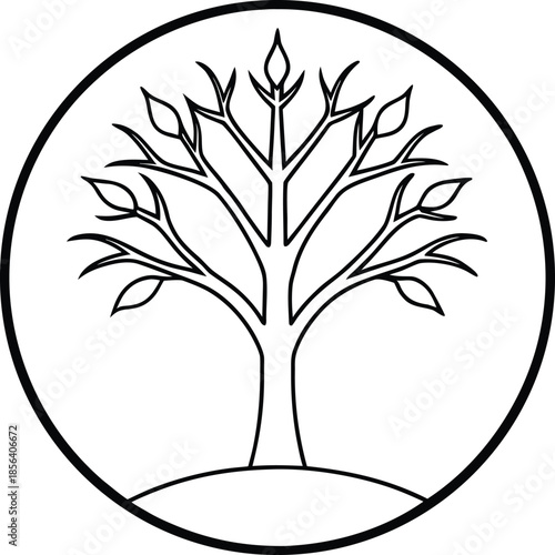 Thin black line art tree circle vector graphic