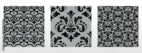 Geometric floral set of seamless patterns. Gray and black vector backgrounds. Damask graphic ornaments