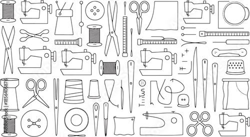 A collection of black and white line art sewing and tailoring icons needle thread