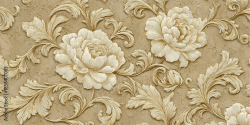 A detailed and intricate floral wallpaper design featuring large, ornate flowers and swirling vines on a beige background