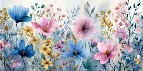 A detailed watercolor painting featuring a lush arrangement of various flowers in shades of blue, pink, and yellow, interspersed with green foliage.