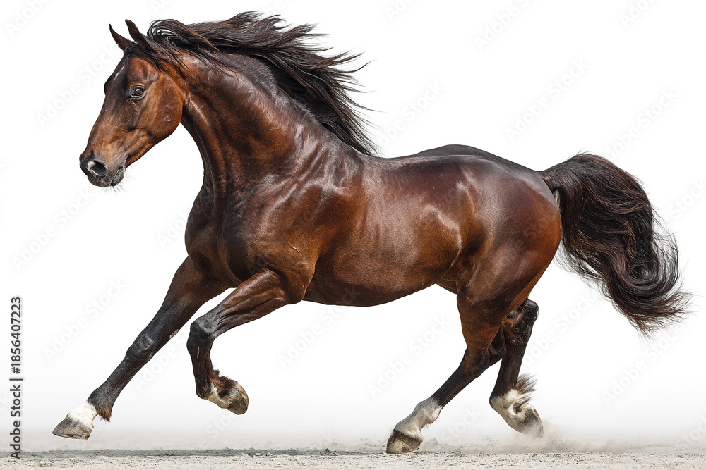 Obraz premium Brown horse running fast with flowing mane and tail on white background, showing powerful muscles and energetic movement in dynamic pose
