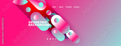 Abstract geometric shapes dominate vibrant pink, purple gradients. Text displays Geometric Background, navigation links present. Modern design elements visible.