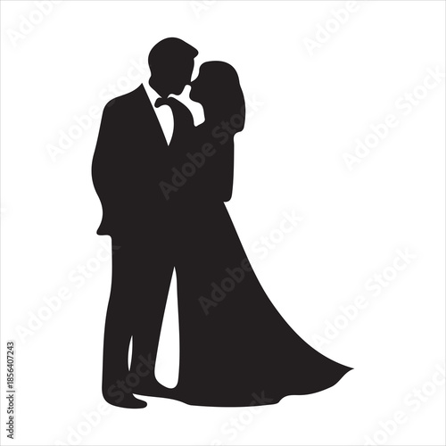 Full body silhouette of a wedding couple in formal wear, Romantic bride and groom standing together, Man in tuxedo and woman in dress silhouette illustratio