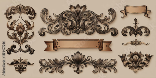 A collection of elaborate and intricate decorative elements featuring floral motifs, scrolls, and banners in a vintage style.
