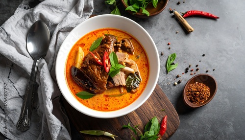Delicious duck red curry with eggplant, bamboo shoots, tomatoes, and basil leaves served on a wooden board