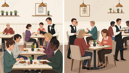 Diverse diners enjoying meals in a restaurant setting with attentive waitstaff.