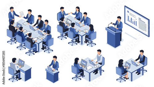 Isometric Business Meeting and Presentation Scenes with People.