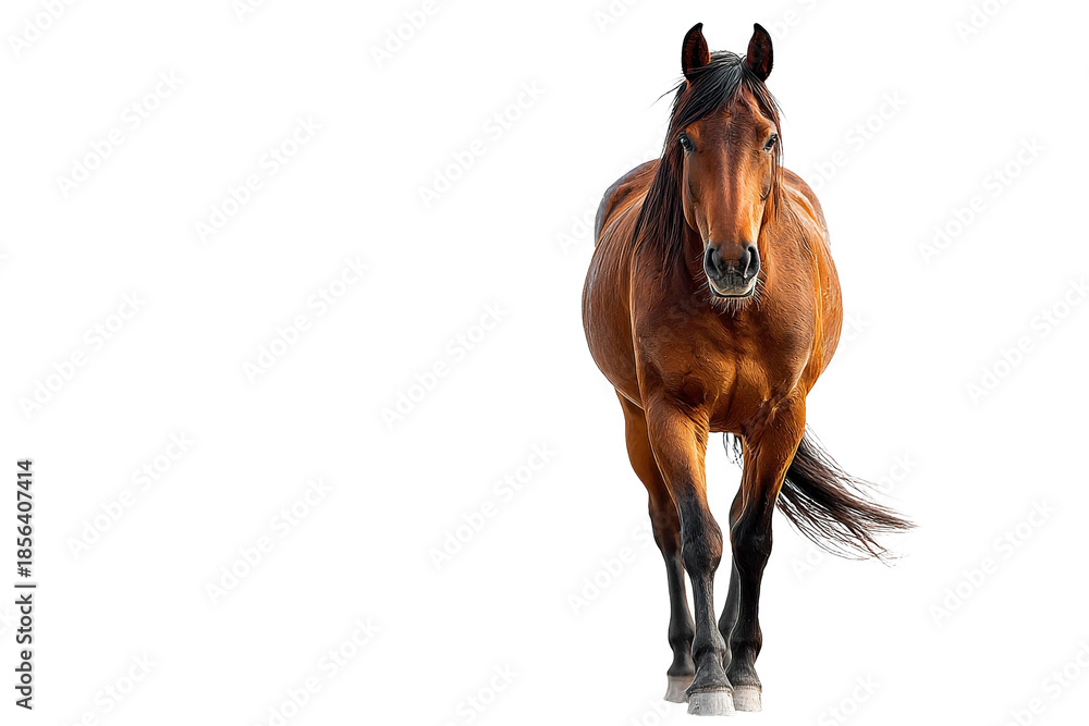 Obraz premium Horse walking toward camera with centered composition showing full body and flowing mane, captured in natural light with clear and sharp focus
