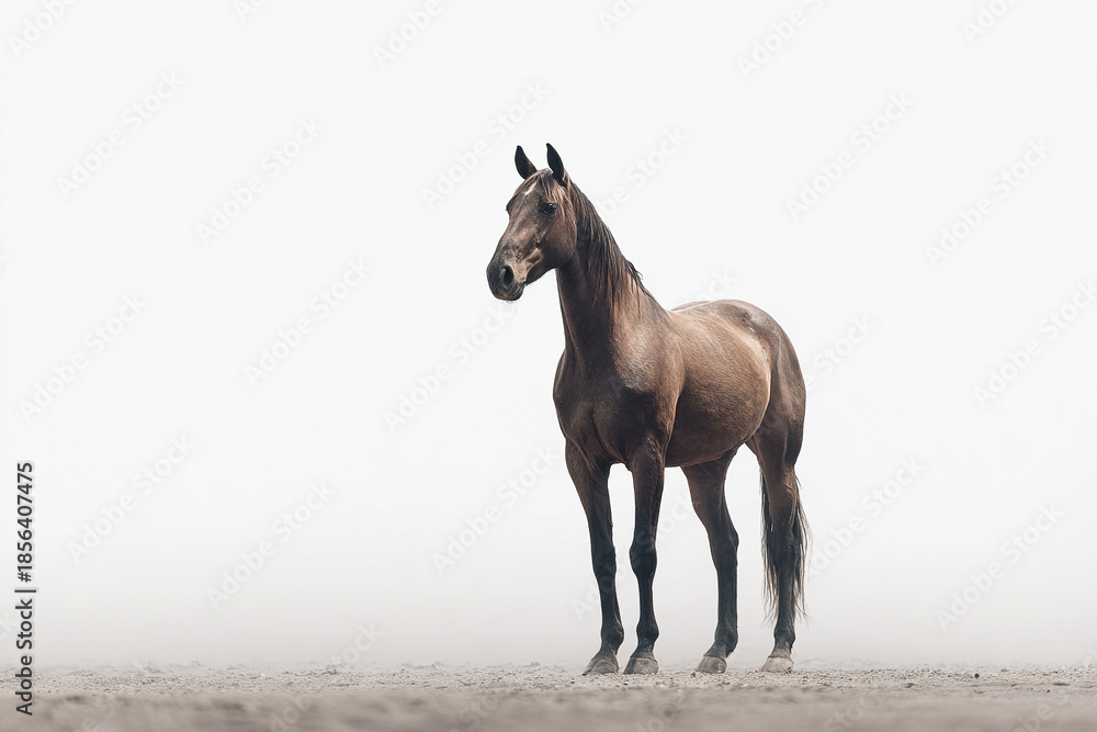 Obraz premium Brown horse standing on sandy ground with calm and elegant posture isolated on white background, showcasing its full body and natural beauty in minimalist style