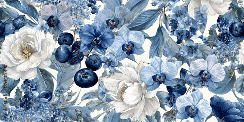 A vibrant and intricate floral pattern featuring a variety of blue flowers, white roses, and clusters of blueberries and blackberries