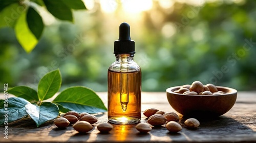 Glass dropper bottle with natural extract or essence like nut oil 