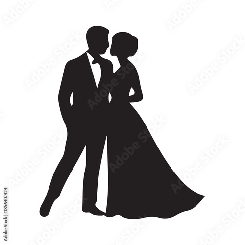 Full body silhouette of a wedding couple in formal wear, Romantic bride and groom standing together, Man in tuxedo and woman in dress silhouette illustratio