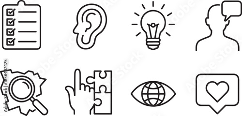 Collection of eight black outline icons on white background including checklist ear lightbulb to do list