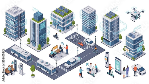 Isometric Smart City Illustration with Modern Buildings and Transportation.