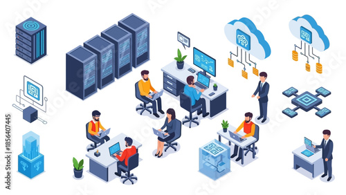 Isometric View of Data Center and Cloud Computing Team.