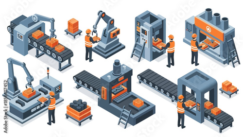 Isometric View of Automated Industrial Production Line with Workers.